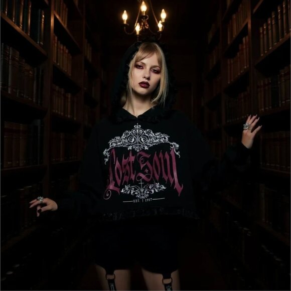 Fact Unfounded Lost Soul Hoodie – by Widow Black Lace Trim Gothic Graphic XS - Picture 3 of 6
